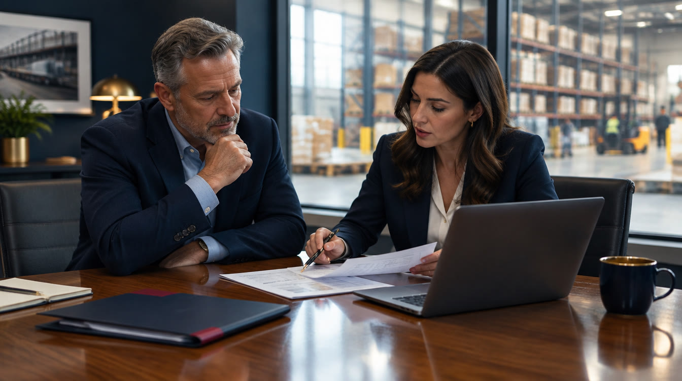 House owner and advisor reviewing the SalesBench cut plan in a distributor office overlooking the warehouse