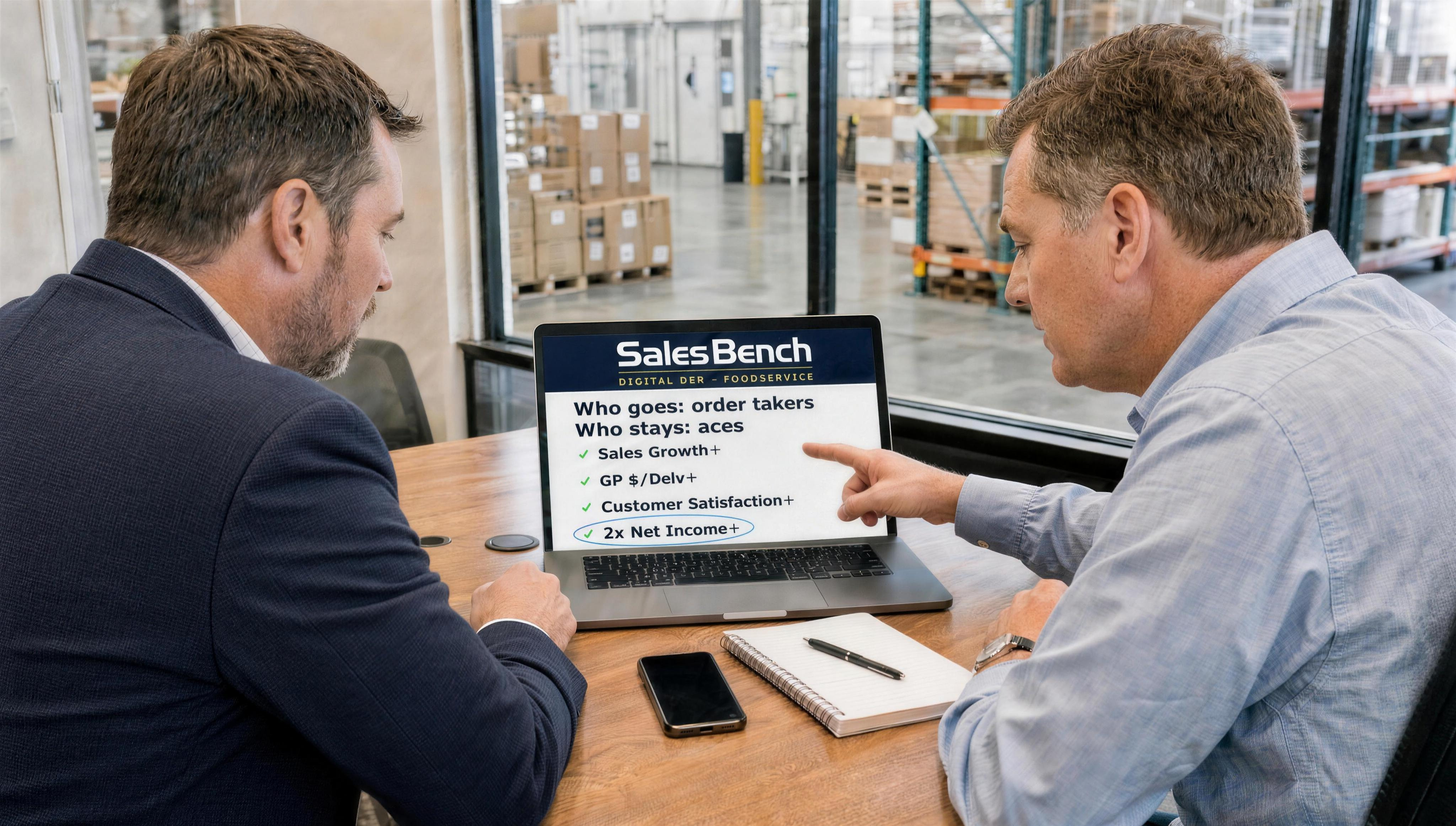 House owner and consultant reviewing a SalesBench who-goes Blueprint on a laptop overlooking a foodservice warehouse — order takers go, aces stay, 2x net after-tax circled
