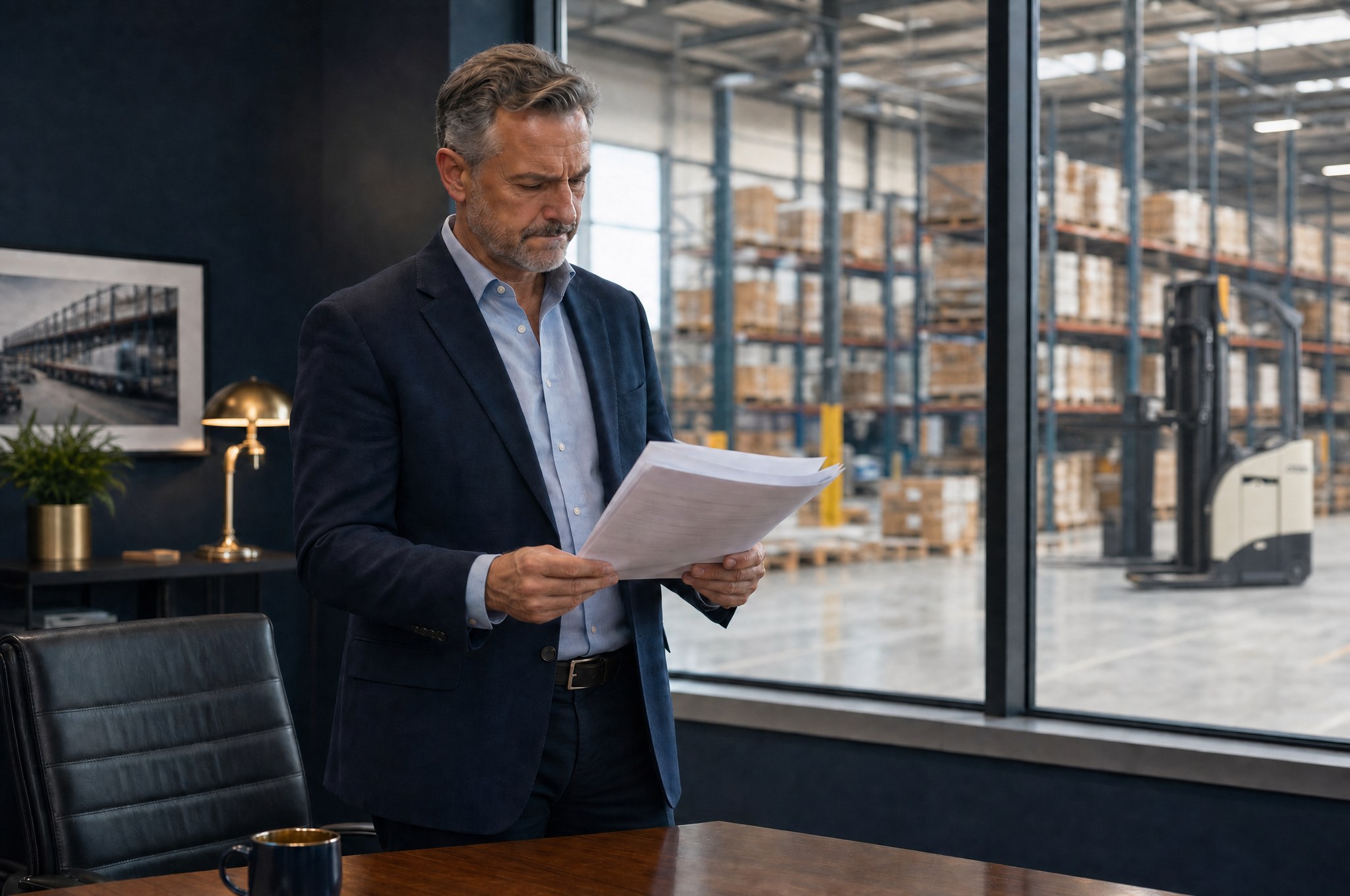 House owner standing in his office overlooking the warehouse, reading a report with a frustrated look